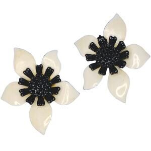 Vintage Mid Century Enamel Flower Clip On Earrings Hippie Floral 60s Mod Jewelry